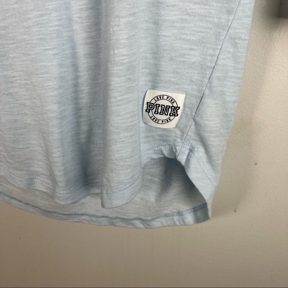 PINK VS Light Pastel Blue 3/4 Sleeve Varsity Fit Campus T-Shirt - Picture 3 of 5